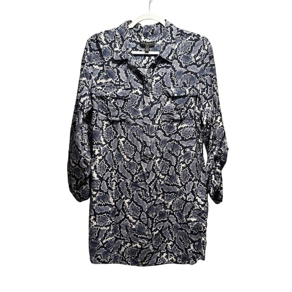 Banana Republic Soft Relaxed Shift Dress Long Sleeve Rayon Blue Python Snake 14 - Picture 1 of 16